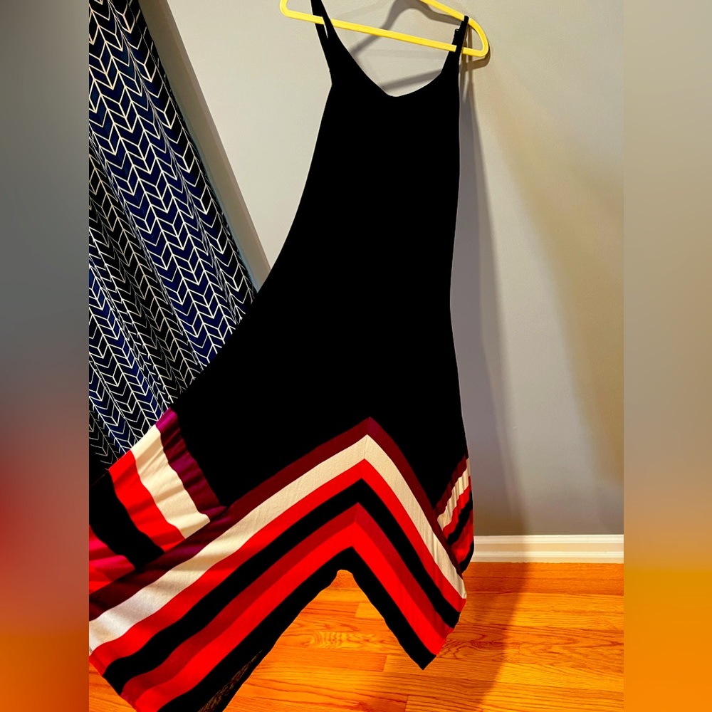 INC International spag strap black dress - shark bite hem & geometric design. XL